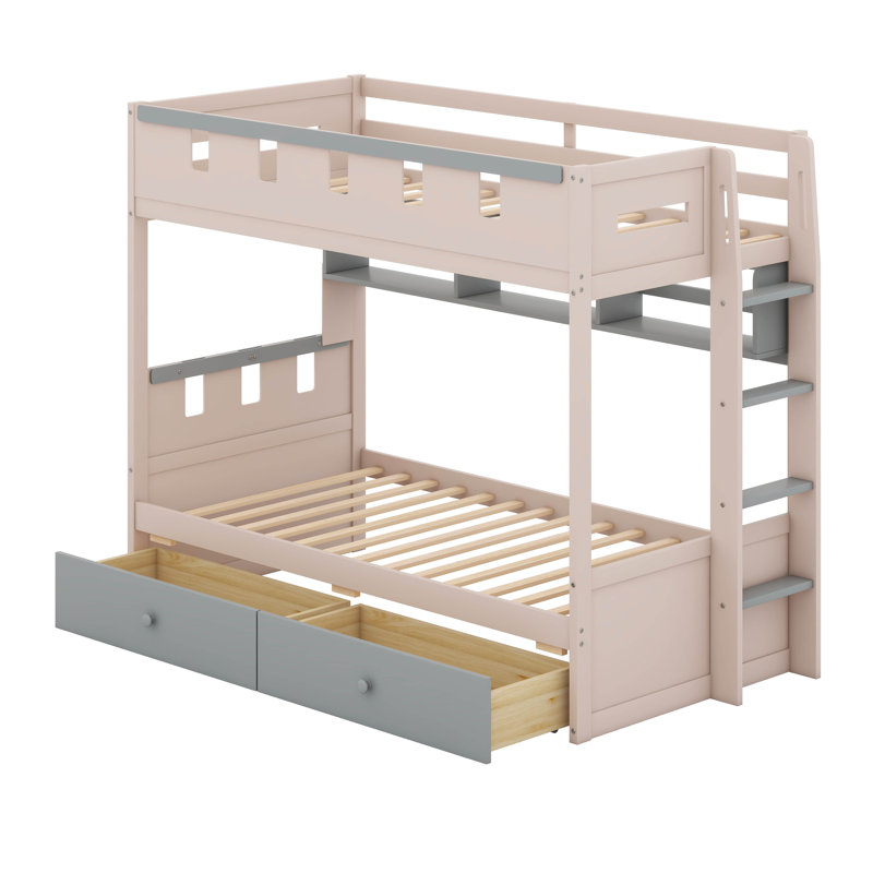 Lit superposé avec lumières DEL, lit superposé de style château en bois avec tiroirs de rangement et tablette, Twin, Grey