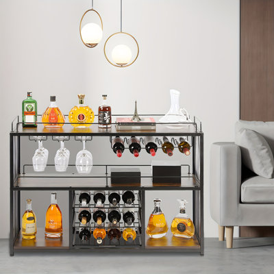 Large Wine Rack Bar Cart, Freestanding Floor Wine Bottle Holder With Glass Hanger, 3-tier Liquor Storage Shelf, Black Vintage Metal & Wood Wine Display Rack For Home Bar, Kitchen, Dining Room