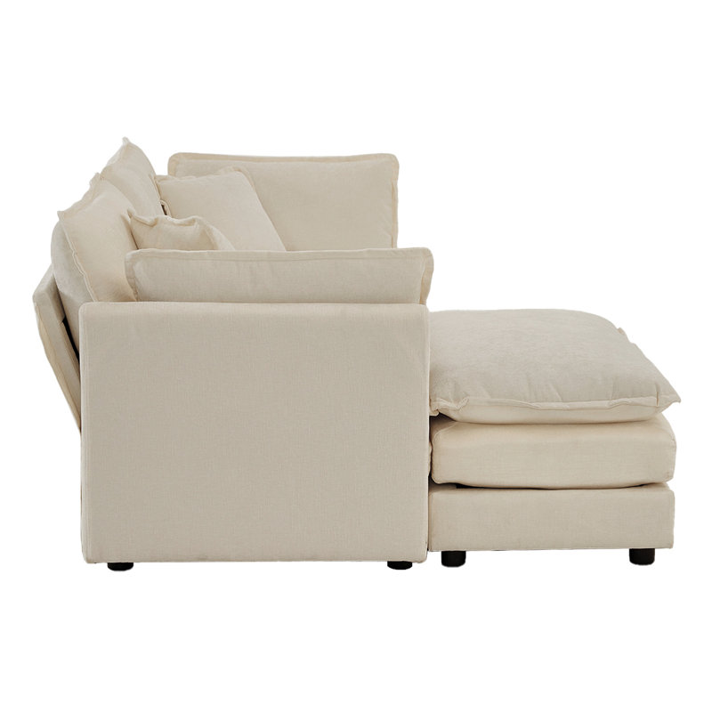 Chenille 2 places avec structure en L, beige, haute éponge et stable - Tissu confortable