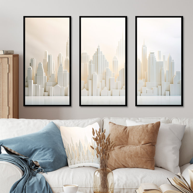 Pearl Peaks Skycraper Skyline I - Skyscrapers, ensemble d'art sur toile, Cadre flottant noir, H 32 po x l 48 po x P 1 po