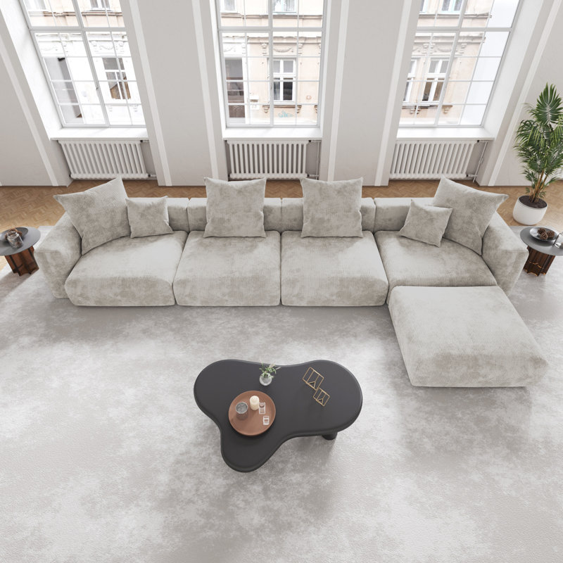 Canapé modulaire rembourré en velours côtelé à 4 places avec repose-pieds Nikodemos Nikodemos, Velours côtelé gris
