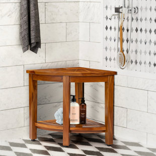 Bamboo Corner Shower Stool Bench Waterproof - with Storage Shelf for  Shaving Legs or Seat in Bathroom & Inside Shower Black