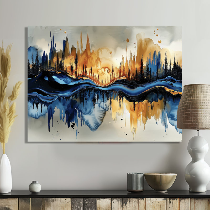 «Golden Aqua», art mural à l'encre liquide «Forest», H 30 po x l 40 po, Toile tendue sur cadre, Ne s’applique pas