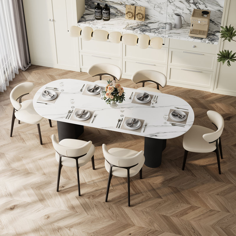 6-person Dining Table Sets With 71'' Oval Sintered Stone Dining Table & 6 Faux Leather Chairs, Modern Kitchen Table & Chairs Set