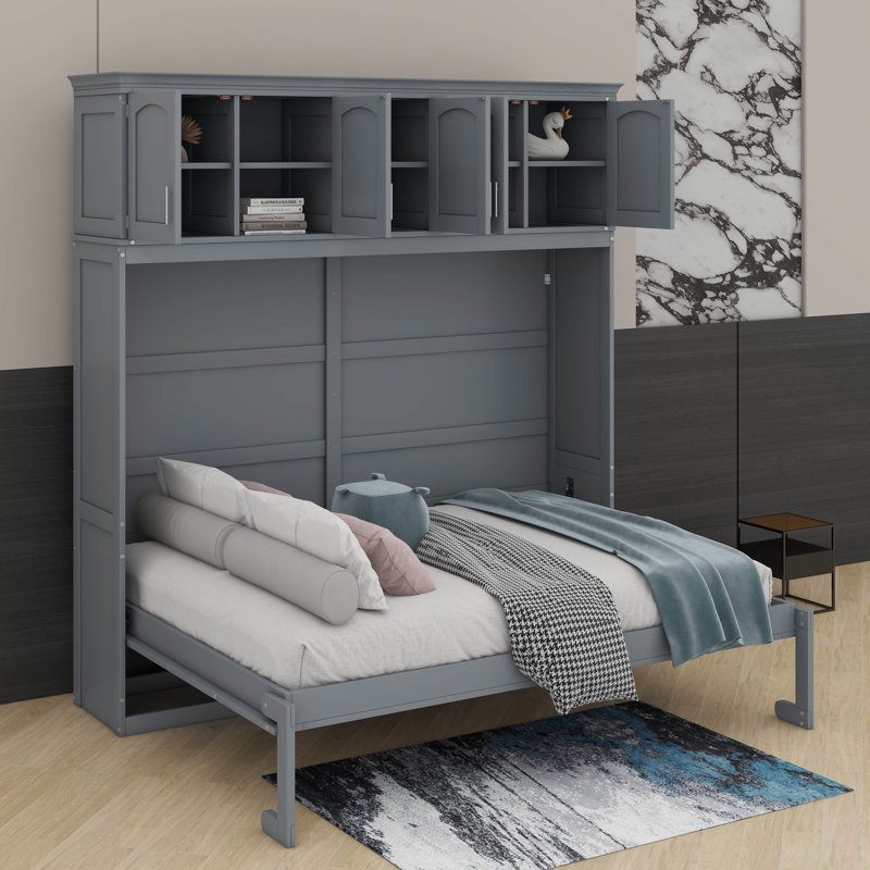 Lit escamotable avec armoires supérieures Murphy, Gris, Grand lit