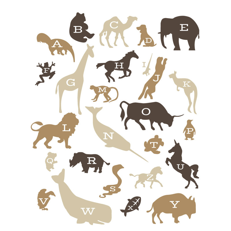 Décalcomanie murale alphabet animaux, Brun, H 45 po x l 35 po x P 0,01 po