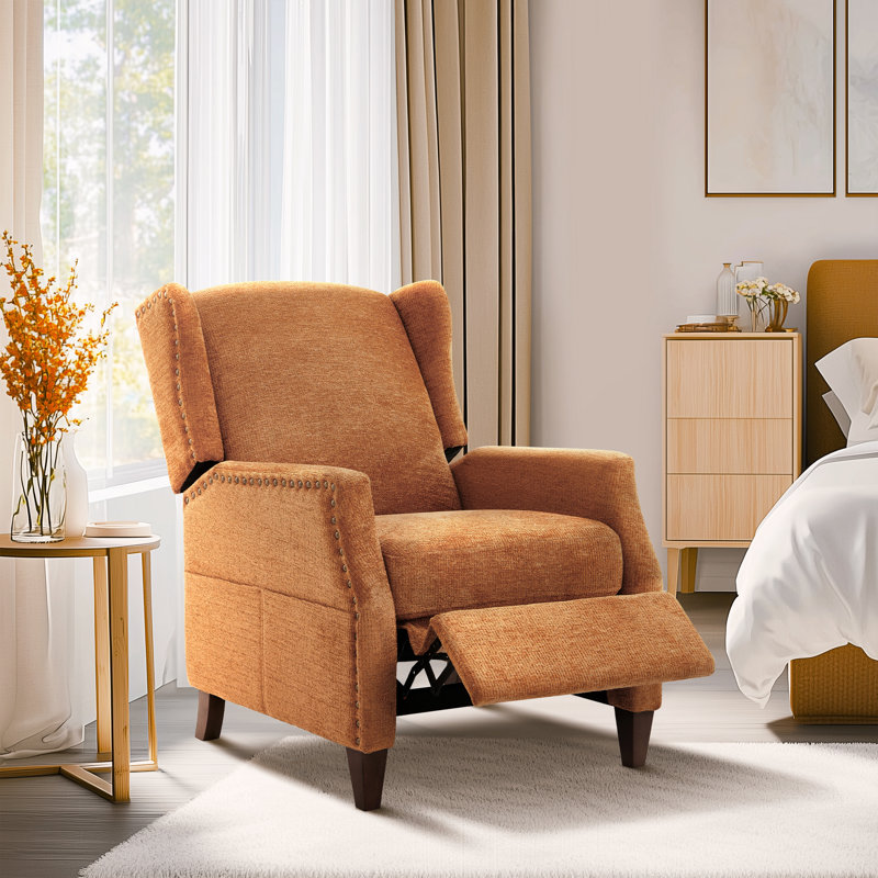 Push-Back Armchair with Storage Pockets - Nail-Head Trim & Wingback Design, Orange Chenille