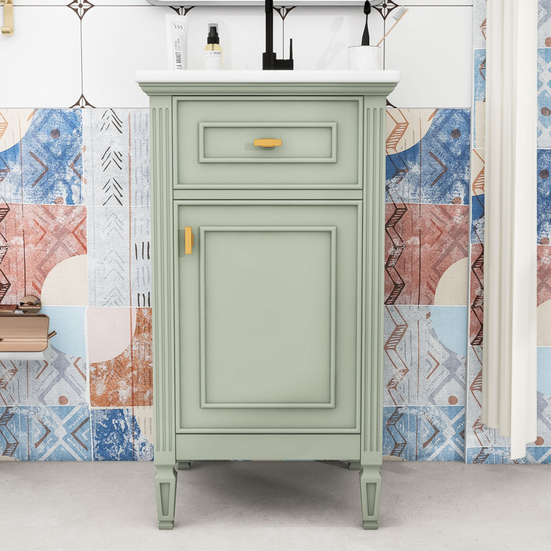 Meuble-lavabo en bois avec tiroir de rangement, tablettes et lavabo, Vert