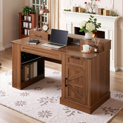 55" Farmhouse Office Desk with Storage Cabinet, Charging Station & Barn Door Design