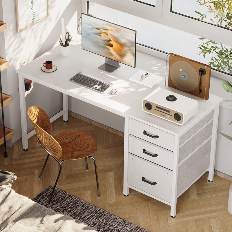 Bureau réversible 48 po à 3 tiroirs avec crochets, bacs de rangement en tissu pour bureau personnel, blanc, Blanc