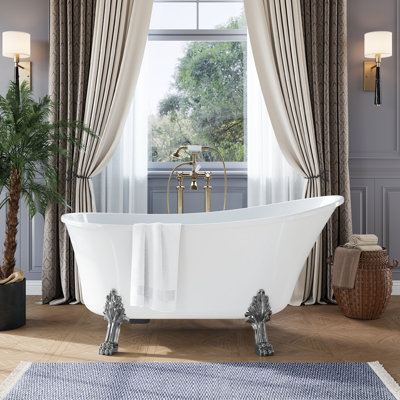 59" Clawfoot Tub, Acrylic Freestanding Bathtub with Pop-Up Drain & Overflow, Heavy Duty Stand Alone Soaking Tub with Chrome Slipper Claw Feet, Luxurious Design for Bathroom