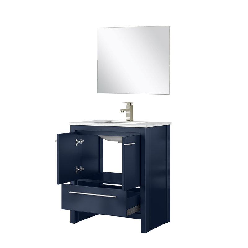 Lafarre 30" W x 20" D Single Vanity, 28" Mirror & Faucet Set, Navy Blue, White Quartz