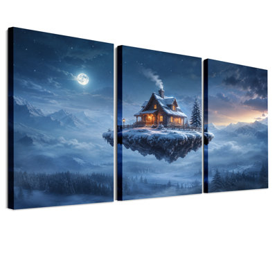 Ensemble de 3 toiles murales représentant une cabane flottante au clair de lune sur fond de neige pour l'Halloween