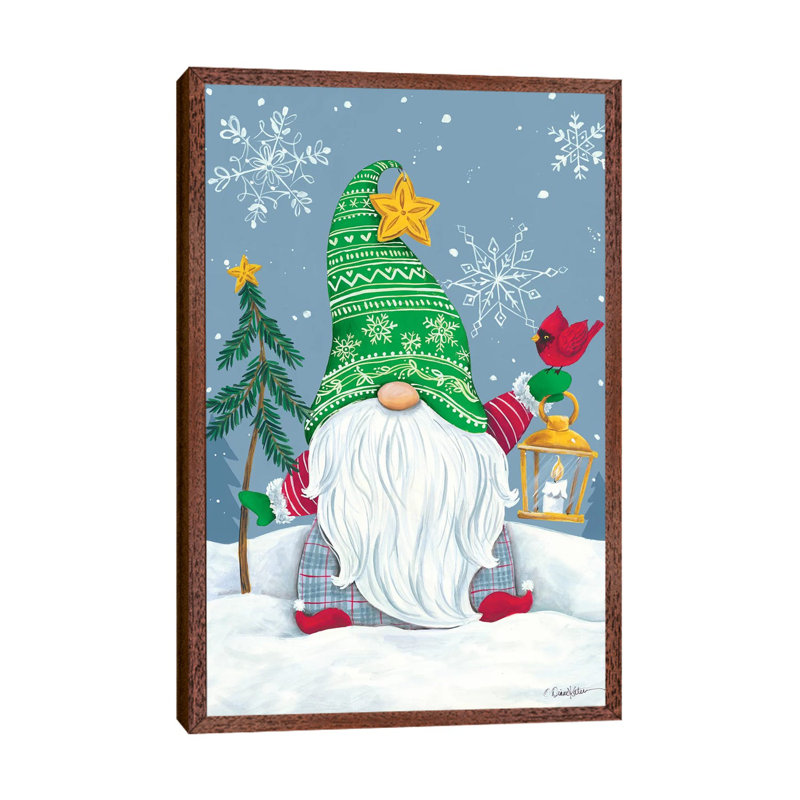 Snowy Gnome With Lantern by Diane Kater - Print on Canvas, 101.6 cm H x 66.04 cm W, Classic Brown Wood Framed