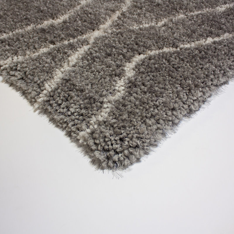 Avila Pymble Diamond Geometric Grey White Plush Indoor Shag Area Rug, Rectangle 5' x 7'