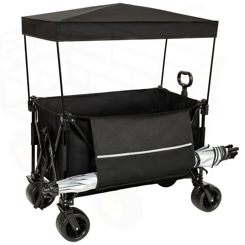Wagon pliable pliable avec auvent, capacité de 480 lb, roues tout-terrain, porte-gobelets, poche latérale et freins, moustiquaire