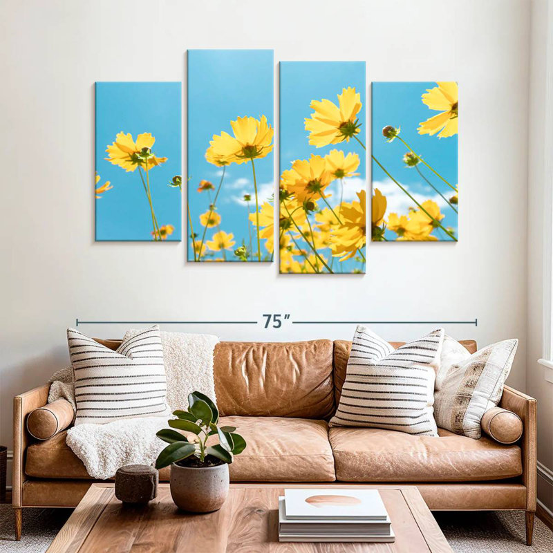 Harnek fleurs jaunes sur fond de ciel bleu, H 42 po x l 68 po