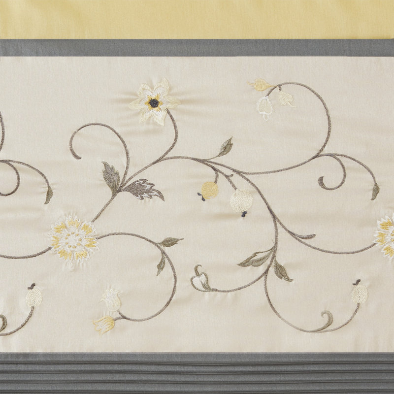 Blue Embroidered Light-Filtering Pleated Curtain Panel