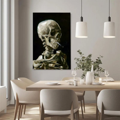 2D Flat, 1Pc Framed Canvas Wall Art, Skull, Smoking Cigarette, Realistic Oil Painting Style Art Print Canvas Poster Painting Room Wall Decor, Ideal Gift For Bedroom Living Room Hallway Dorm, Ready To Hang