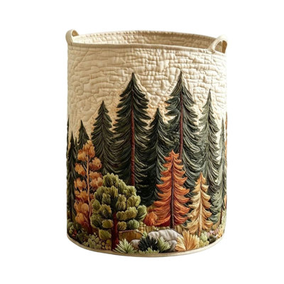 Quilted Forest Laundry Basket Vintage Pines Tree Printed Round Storage Bin Collapsibles Fabric Organizer Basket with Handles Dirty Clothes Toy Storage Hamper