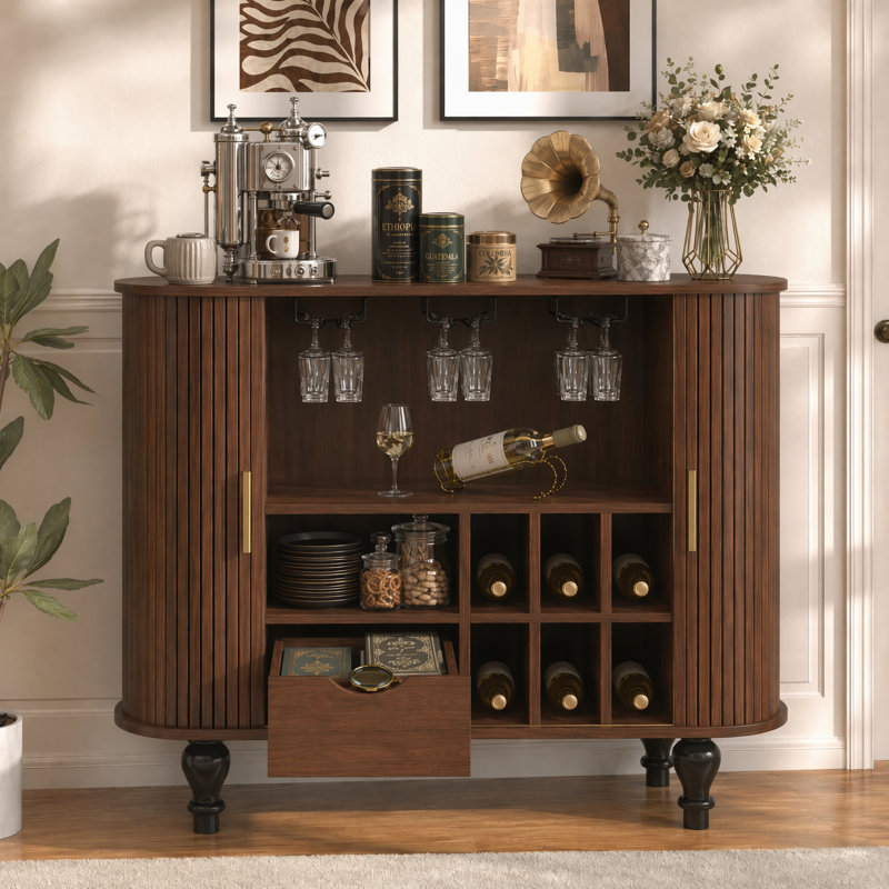 Armoire-bar cannelée de 39,37 po avec porte-bouteilles et rangement, bar à alcool moderne et bar à café, Noyer