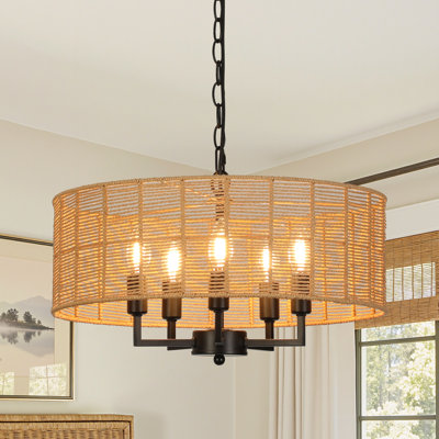 Aarzo 19.7" 5-Light Coastal Boho Dimmable Drum Chandelier with Hand-Woven Rattan Shade