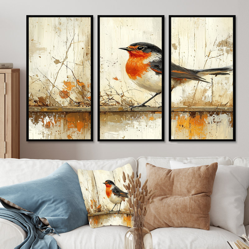 Oiseau Robin par The Farm I - art mural oiseau - ensemble de 3, H 40 po x l 60 po, Impression encadrée sans passe-partout