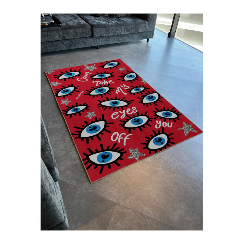 Tapis rouge à motif d'écriture rouge, Rectangle 3 pi 3 po x 4 pi 11 po  