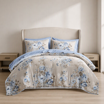 7-Piece Cal King 7 Piece Vin -inspired Collection floral print,Beige/Blue