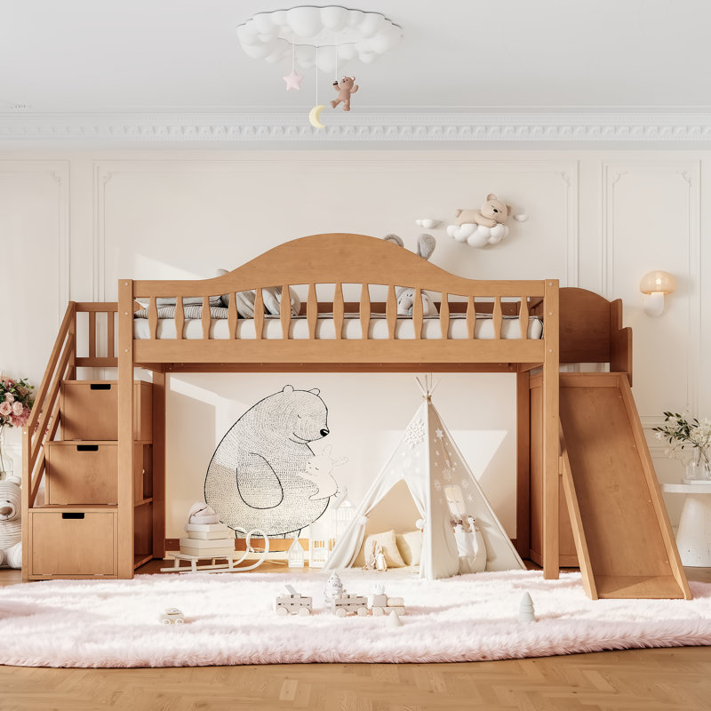 Lit mezzanine avec escalier de rangement, glissade et garde-robe intégrée, Lit simple, Noyer