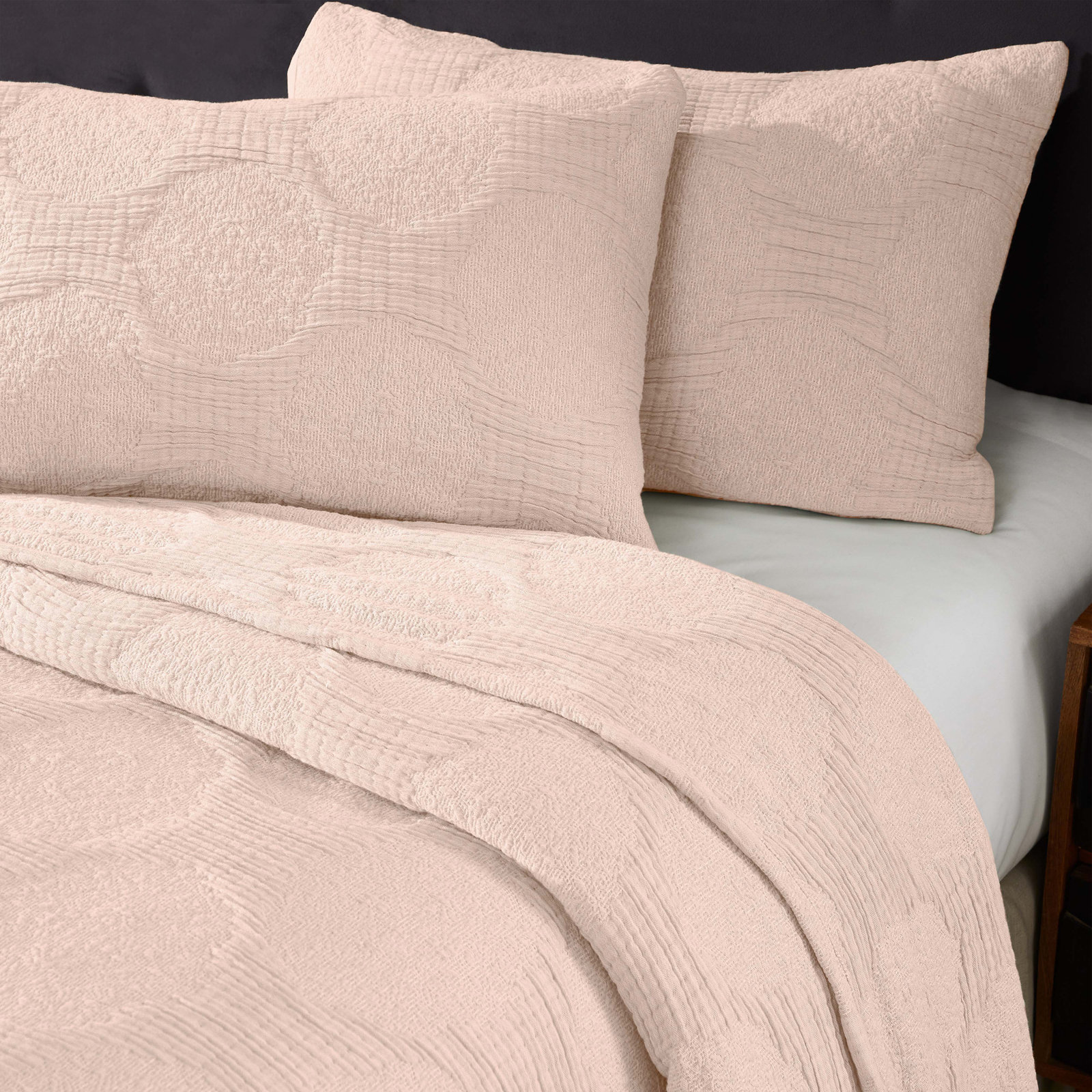 Tanta Cotton Medium Weight Textured Modern Circles Woven Coverlet, Blush, King Coverlet