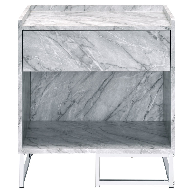 Table d'appoint blanche en faux marbre et décor - Design rectangulaire moderne avec tiroir et tablette pour le salon Compartiment de rangement élégant