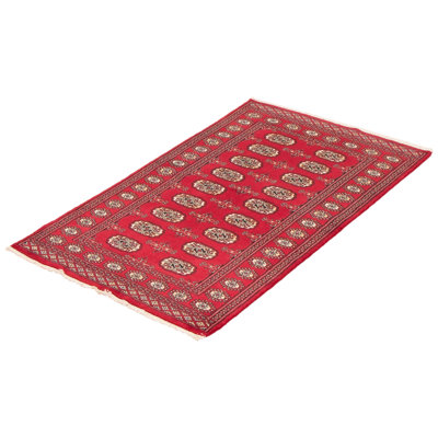 Tapis rouge en laine noué à la main de conception unique 3 pi 1 po x 4 pi 11 po nouvel âge Morrisa