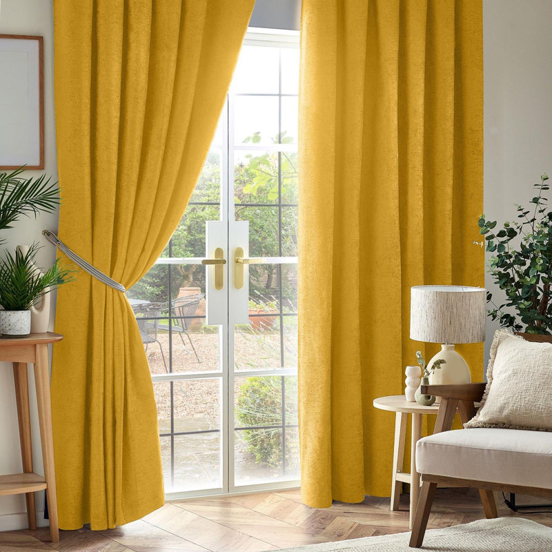 Eilfried Chenille Pencil Pleat Taped Top Curtains, 117cm Width x 137cm Drop, Yellow