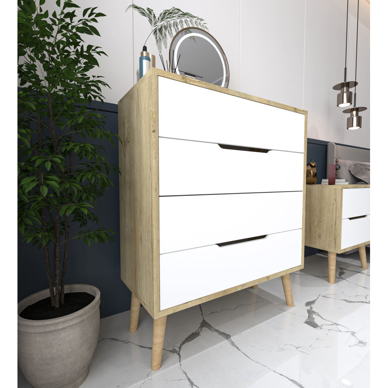 Commode 4 tiroirs - Pieds en bois, Blanc / Chêne