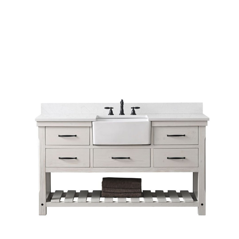 Curiel 60'' Single Bathroom Vanity with Engineered Stone Top, White Wash/Matte Black