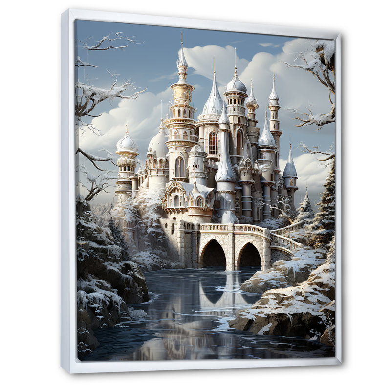 «Frosty Winter Castle Landscape I», art mural paysage d'hiver, H 40 po x l 30 po x P 1,5 po, Cadre flottant blanc