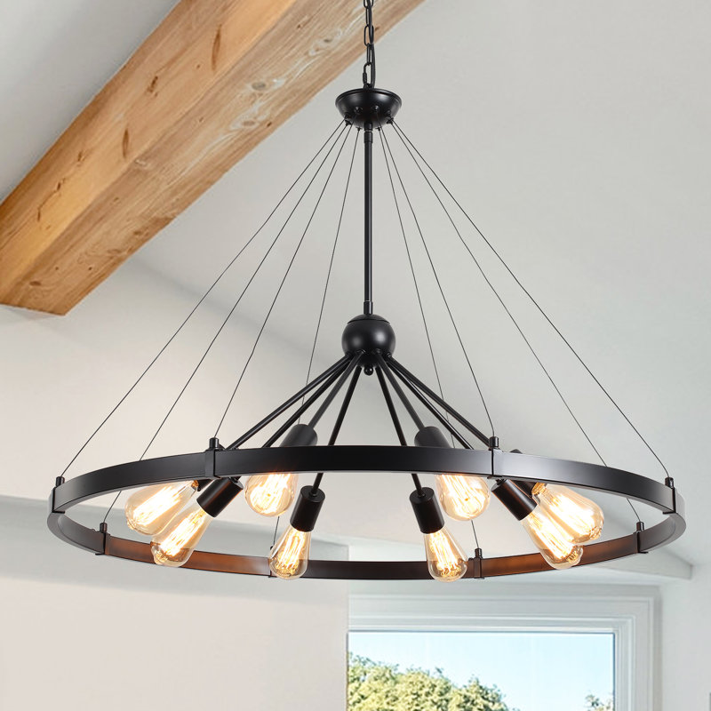 Lustre de style campagnard moderne à 8 lumières de 35,4 po Kelcie, Noir mat, 24.4"H x 35.4"W x 35.4"D