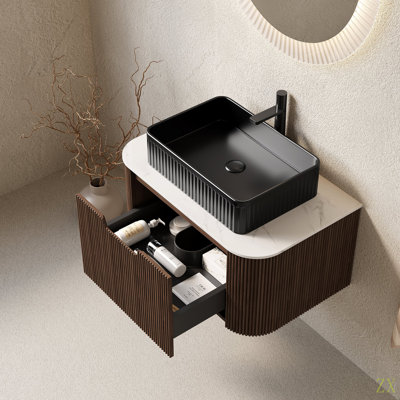 Meuble-lavabo de salle de bain 30 po avec lavabo, lavabo à fixation murale à bords arrondis flottants avec lavabo à tiroir rectangulaire en céramique, sans robinet, pré-assemblé