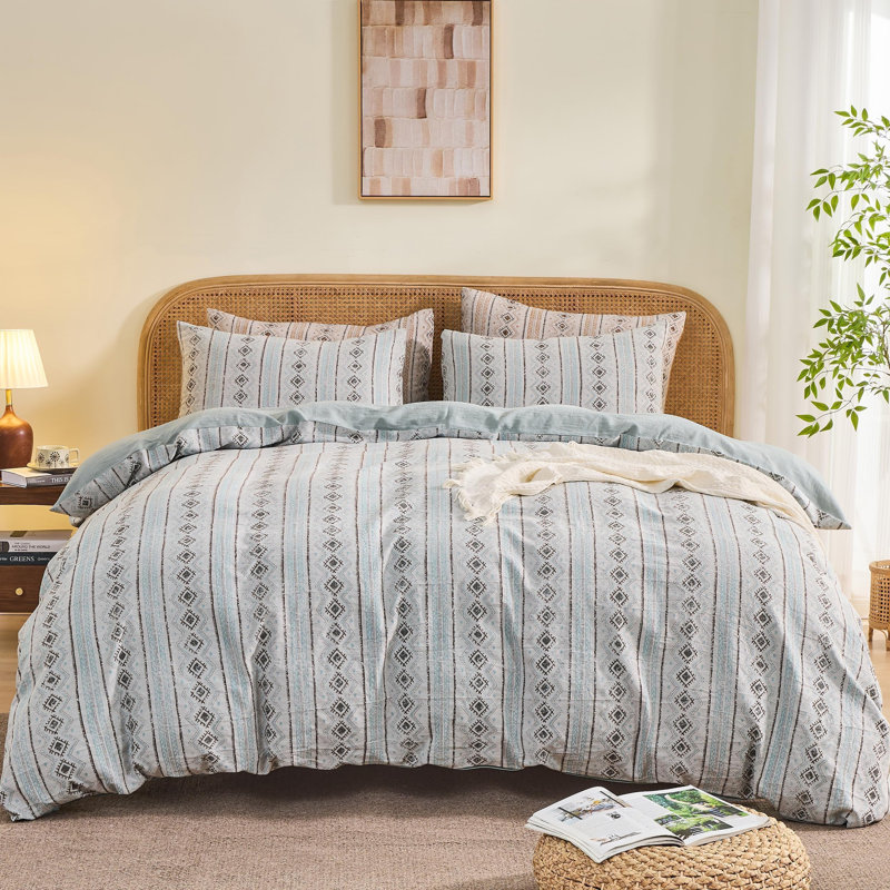 100% Cotton Yarn-Dyed Jacquard Duvet Floral Duvet Cover Set, Queen Duvet Cover + 2 Standard Pillowcases, Green Boho