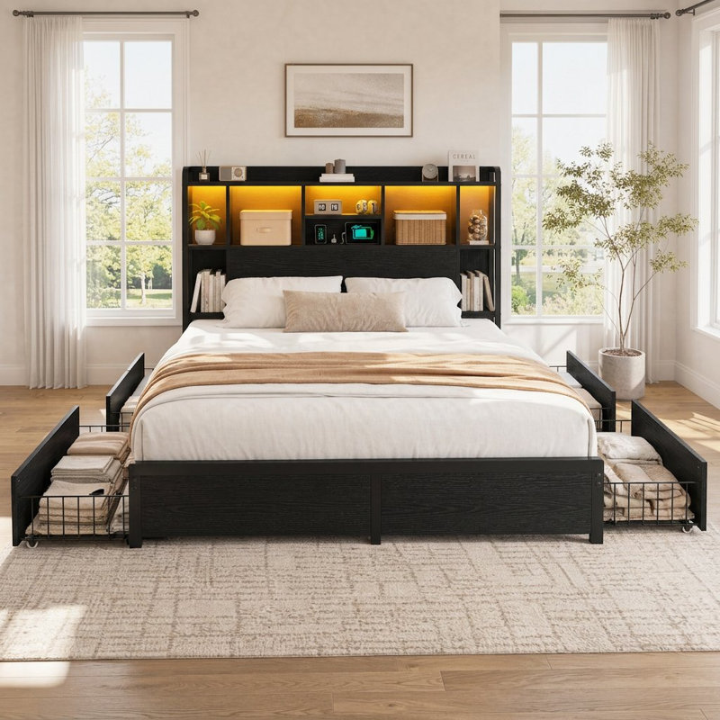 Tall Headboard Queen Bed Frame With 4 Storage Drawers & Built-in Usb Chargingge, Adjustable Led Lighting,Black, Queen, Black