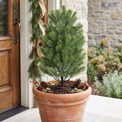 21.7 Inch Artificial Pine Tree Stake, Frosted & Plain Faux Evergreen Pick Tree with Ground Spike for Outdoor Yard Garden Winter Christmas Pathway Decor