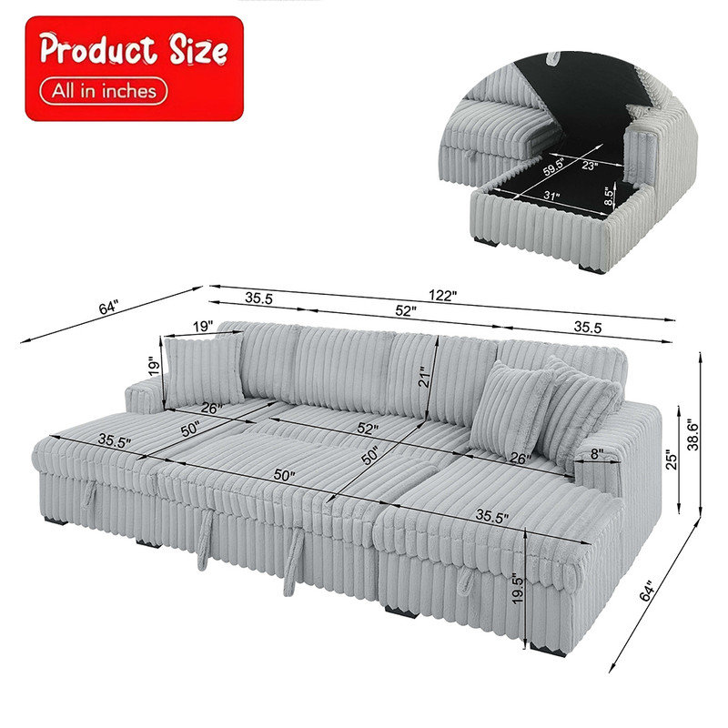 Winser Corduroy U-Shaped Sectional Symmetrical, Gray