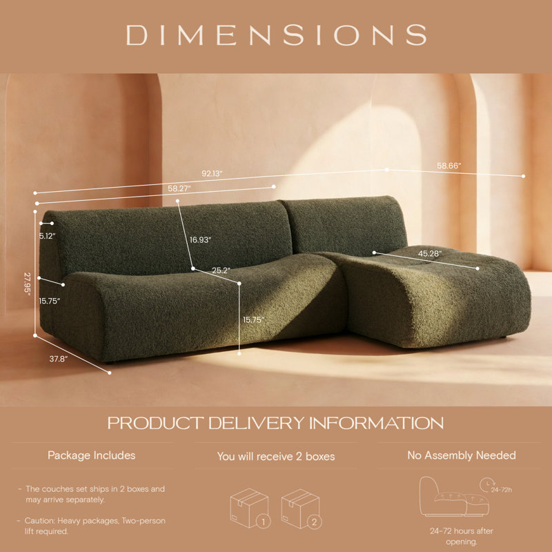 92" Curved Modular Loveseat With Chaise, Deep Seat Sherpa Boucle Couch, Compression, No Assembly, Teddy - Green