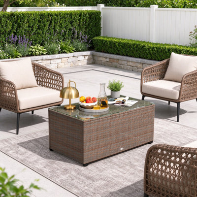 Brown Rattan Accent Table with Tempered Glass Top for Garden Outdoor Living
