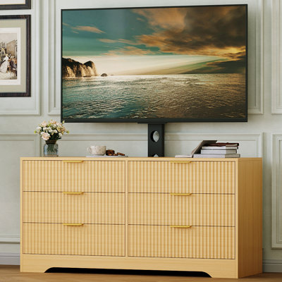 Modern Fluted TV Stand with Mount – 6 Drawers – Wood Entertainment Center for 32–85" TVs – Tall Storage Console Cabinet for Living Room or Bedroom – Color: Log