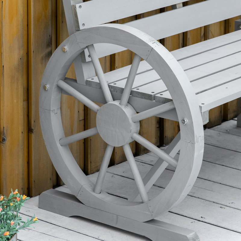Outdoor Rustic Bench - Wooden Wagon Wheel, Gray, , , 2 Seat, Heavy-duty Fir Wood Bench, With Wheel And Gray