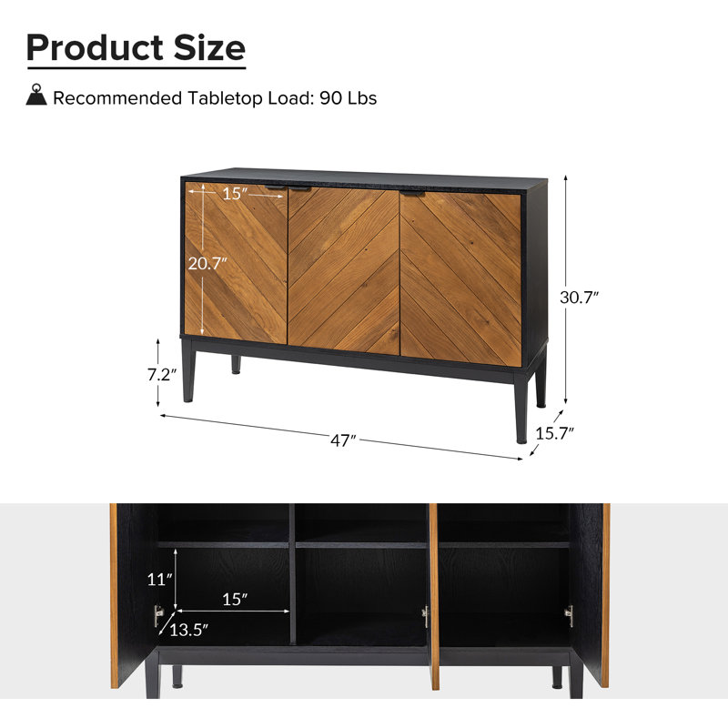 Buffet de rangement à tablette à chevrons avec tablette réglable 47 po, Noir