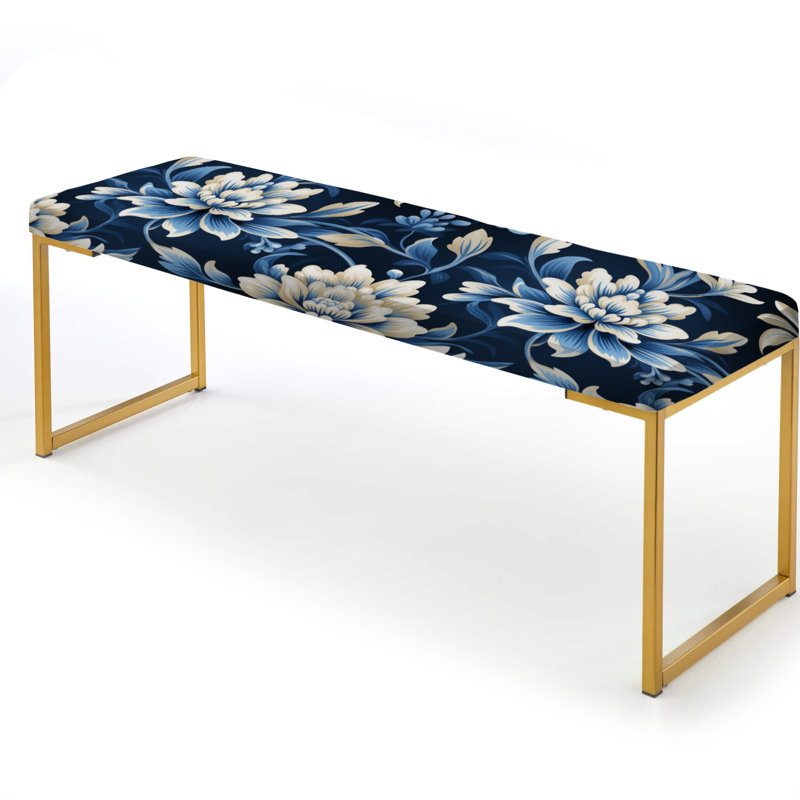 Banc rembourré damassé blanc et bleu symétrique blanc et bleu