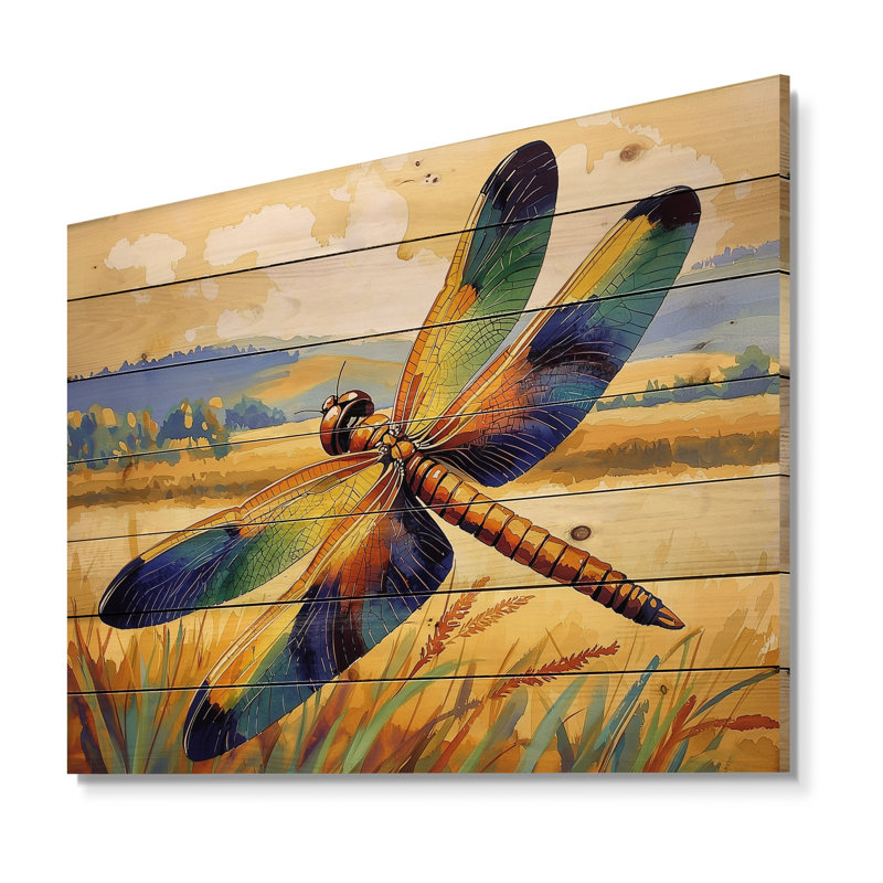 Libellule dans les prés - Reproduction en bois jaune moderne sur bois de pin naturel, H 34 po x l 44 po